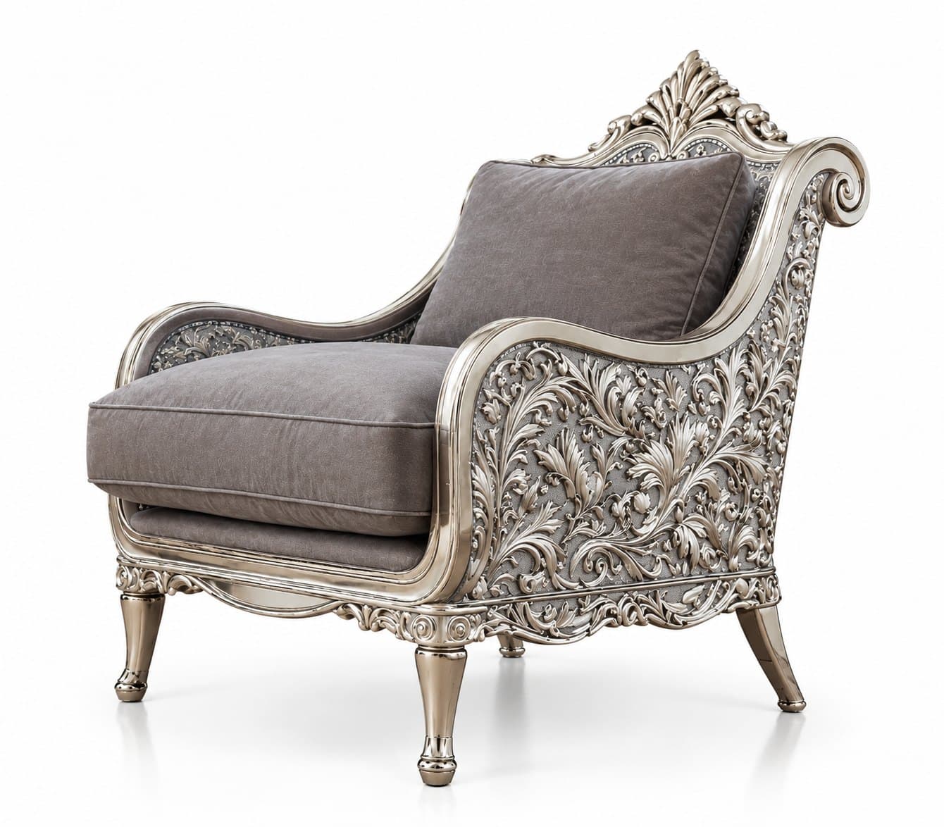 A hand-carved armchair with a crested back in a champagne-silver finish, upholstered in grey velvet, seen from three-quarters