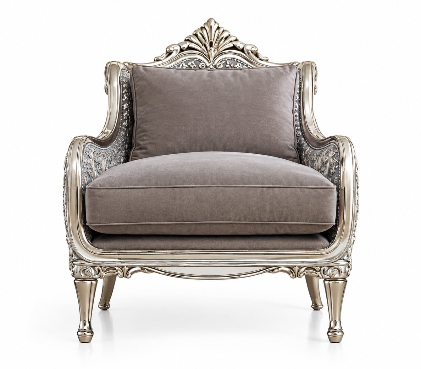 The carved armchair seen straight on, showing the crest at the top of the back