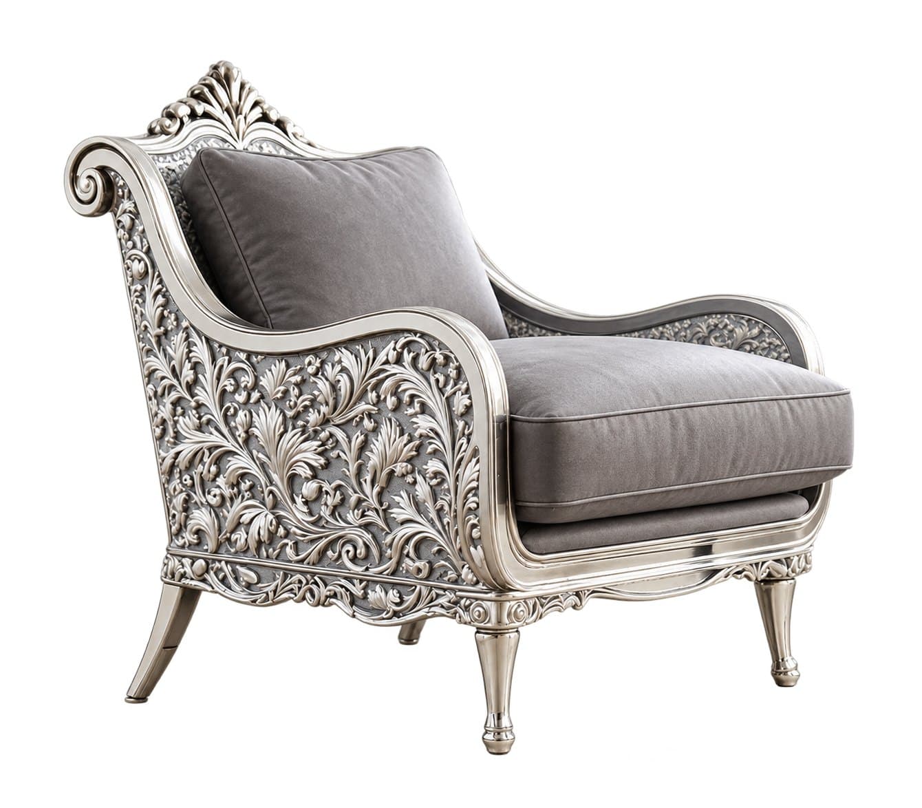 The carved armchair from the other side, showing the carved arm panel