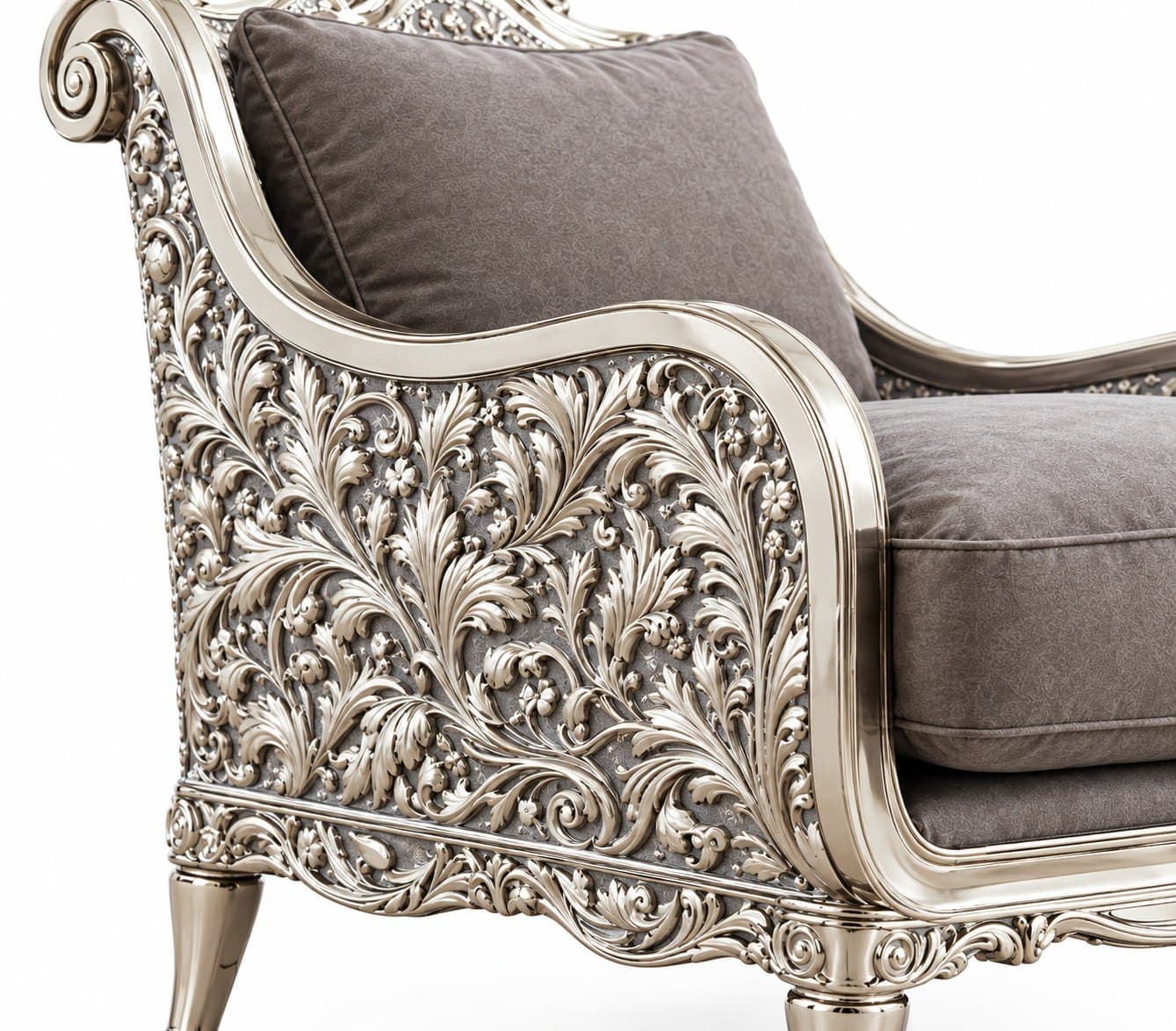 Close-up of hand-carved leaf and scroll work on the arm of the armchair