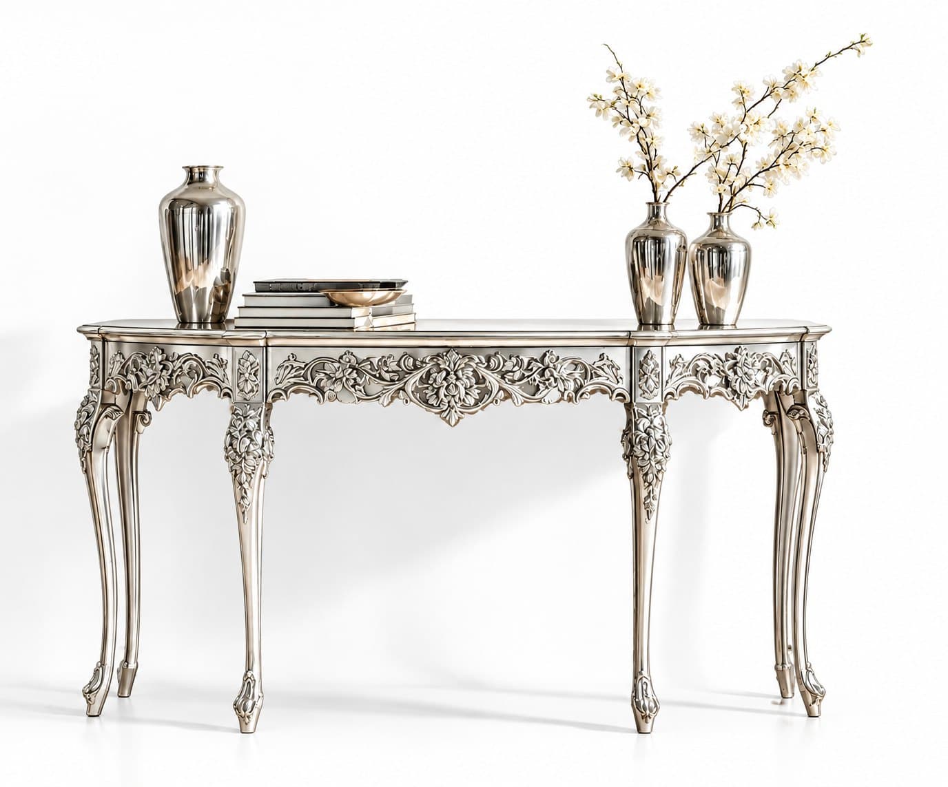 The carved console table seen from the front, showing the full run of the carved apron