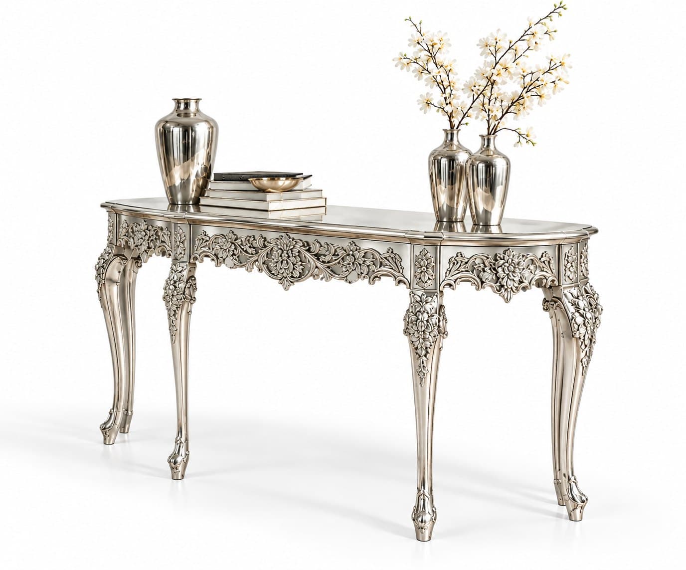The carved console table from the other side, against a plain ground