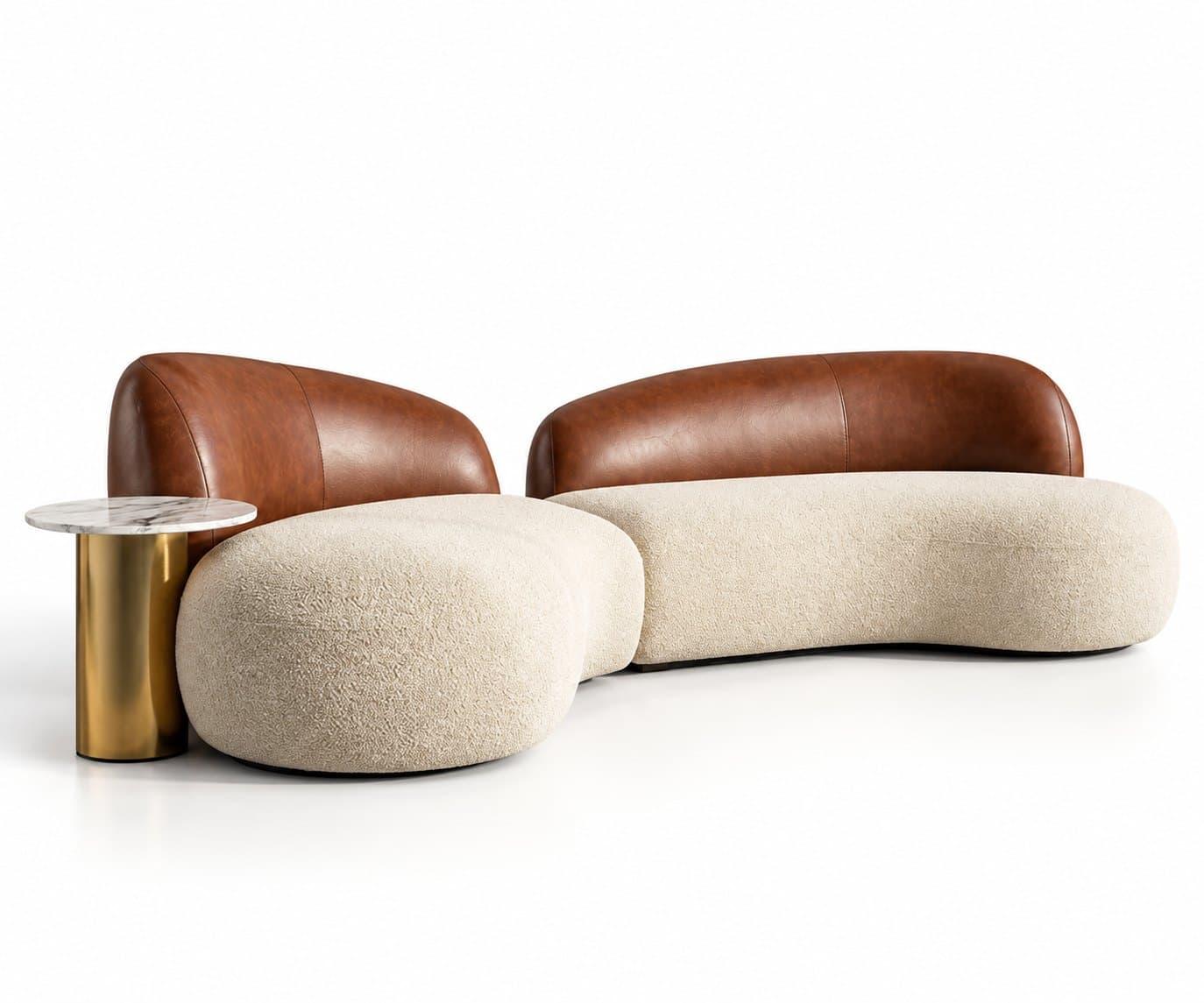 A curved sofa with a cream bouclé seat and tan leather backs, seen from three-quarters