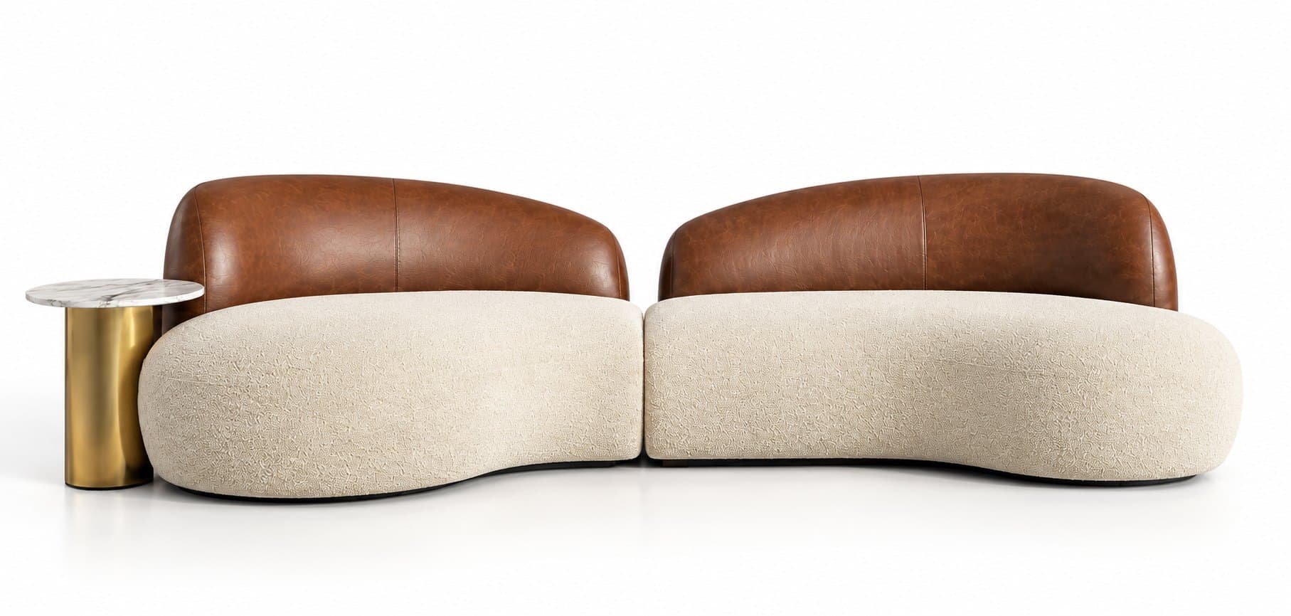 The curved sofa seen straight on, showing the full length of the curve