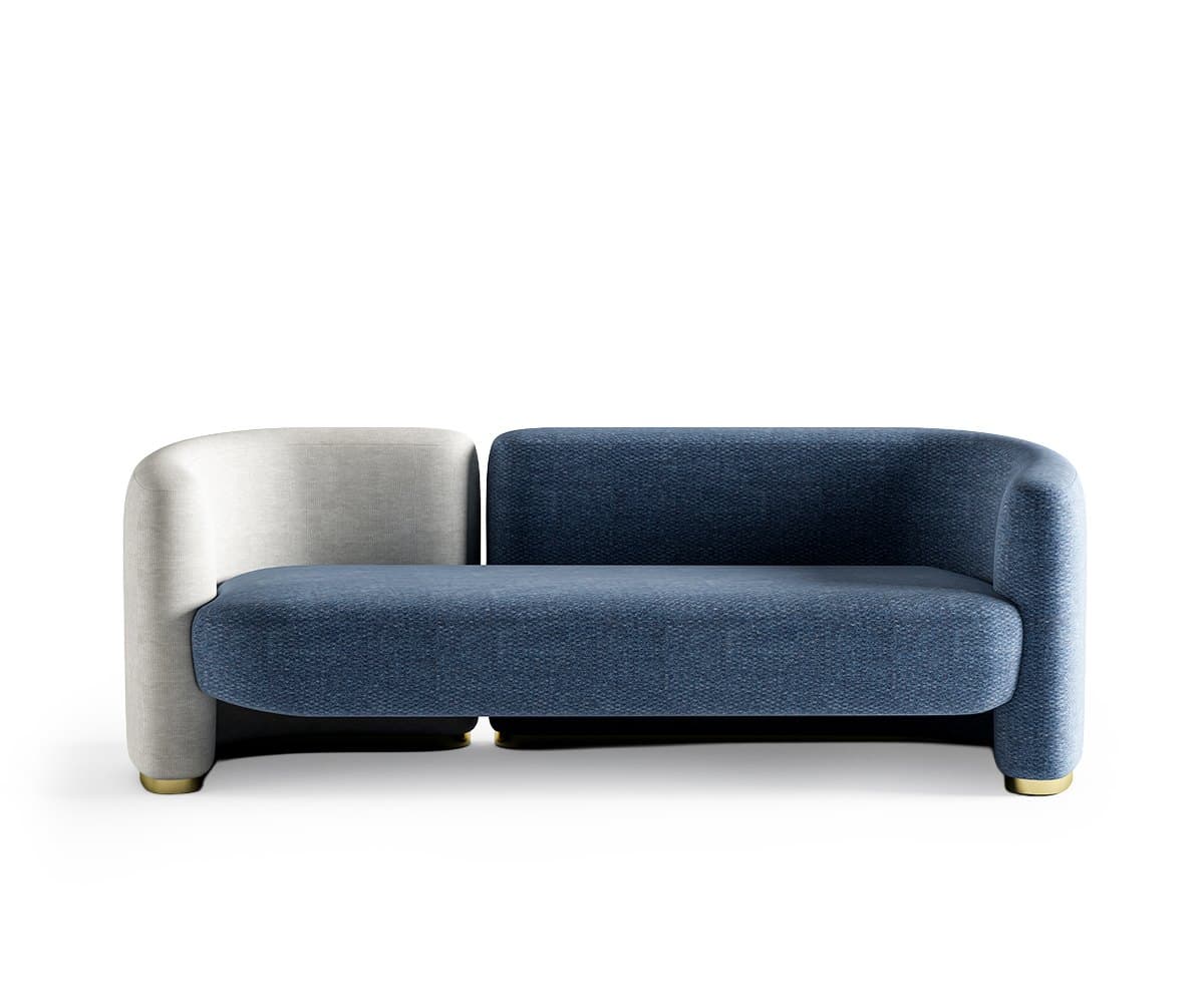 A curved two-seater sofa in two fabrics, a cream half and a blue half, seen straight on